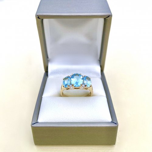9ct. Gold 3-stone Topaz &amp; Diamond Ring.