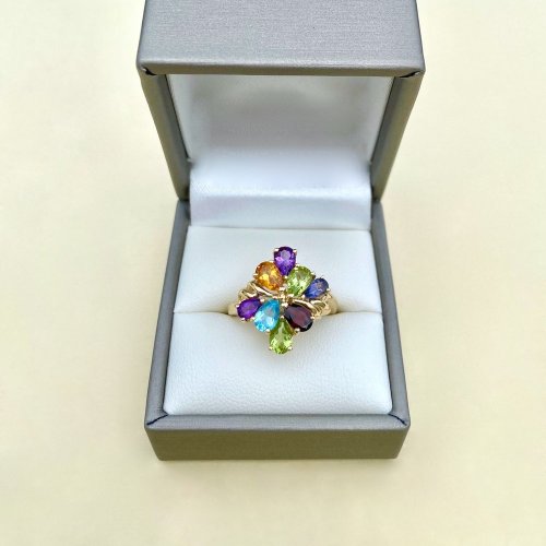 9ct. Gold Ring With 8 Multi-Coloured Gemstones.