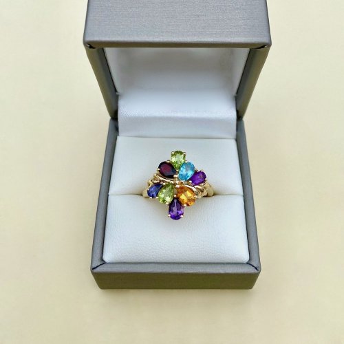 9ct. Gold Ring With 8 Multi-Coloured Gemstones.