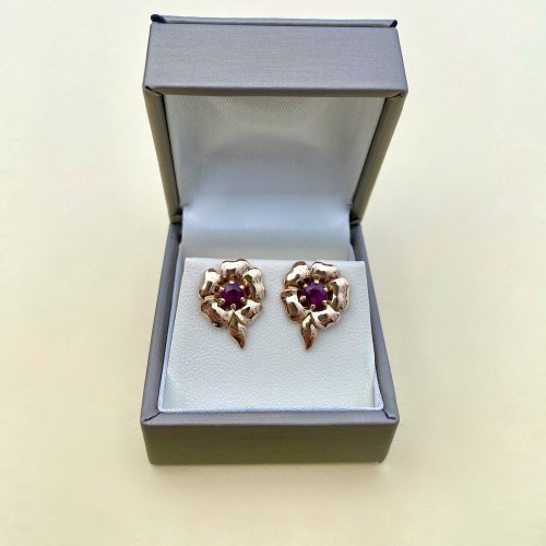 9ct. Gold Ruby Floral Earrings With Stem.