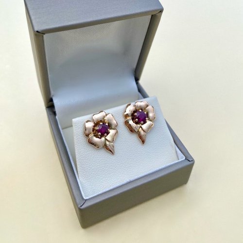 9ct. Gold Ruby Floral Earrings With Stem.