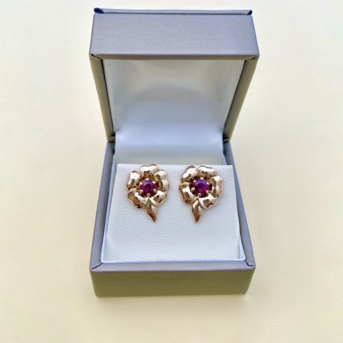 9ct. Gold Ruby Floral Earrings With Stem.