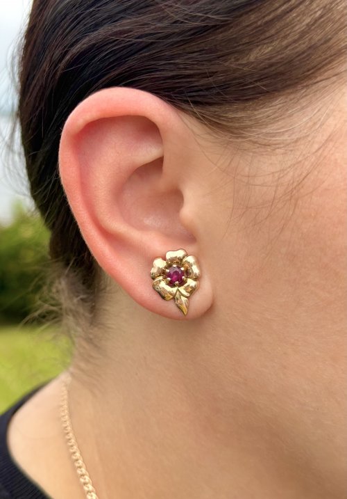 9ct. Gold Ruby Floral Earrings With Stem.