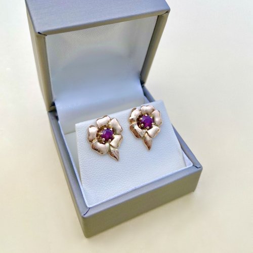 9ct. Gold Ruby Floral Earrings With Stem.