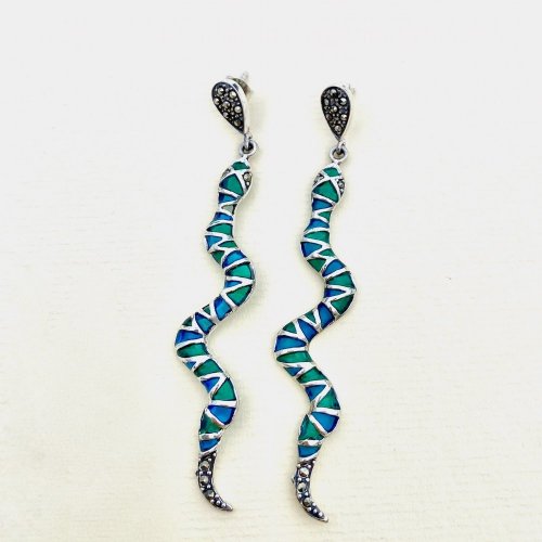 Silver Plique-à-Jour Snake Drop Earrings.