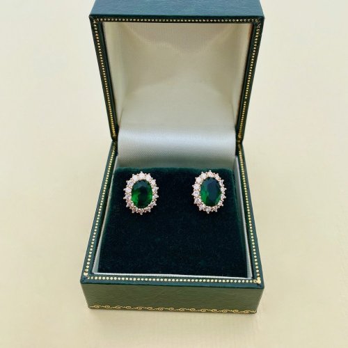 Stud Earrings with Green Stone &amp; CZ&#039;s.