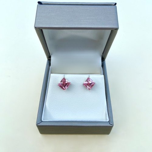 Silver Square Pink Stud Earrings.