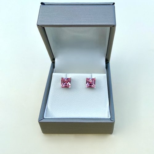 Silver Square Pink Stud Earrings.