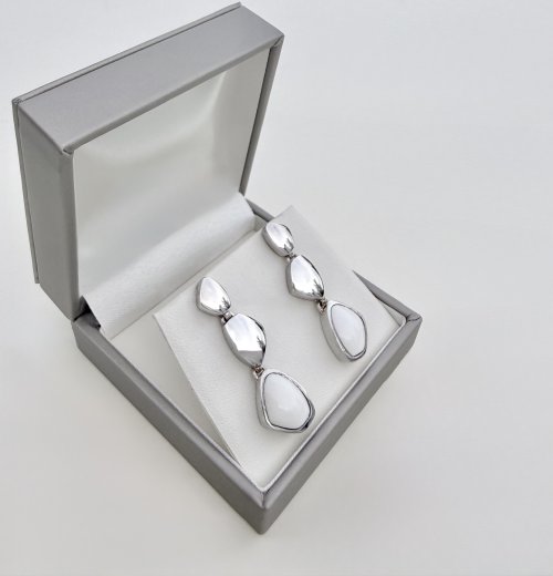 Sterling Silver Drop Earrings / white stone to base.