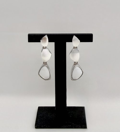 Sterling Silver Drop Earrings / white stone to base.