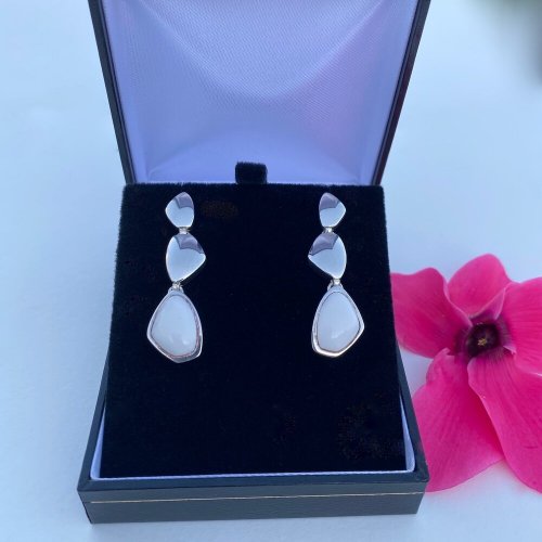 Sterling Silver Drop Earrings / white stone.