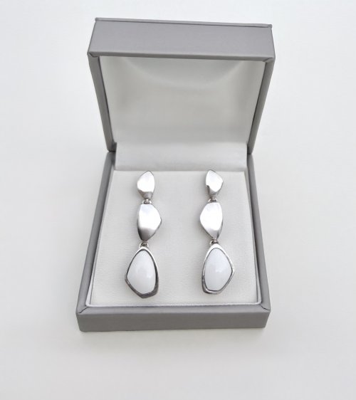 Sterling Silver Drop Earrings / white stone to base.