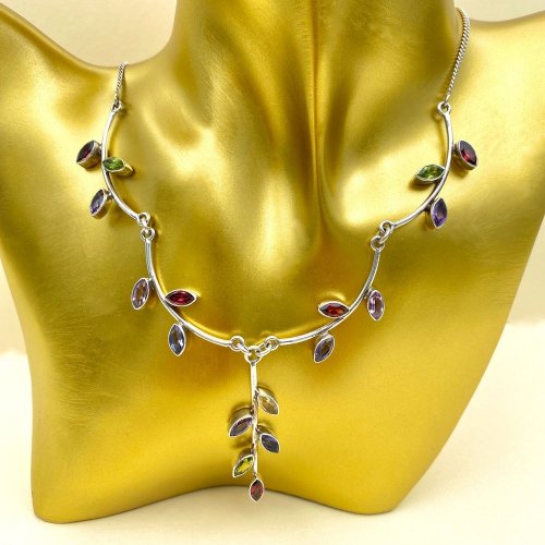 Sterling silver necklace with multi-coloured gemstones.