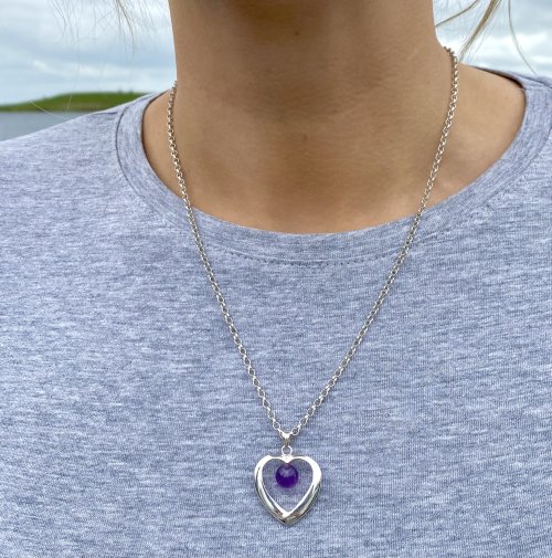 Sterling silver heart pendant / purple gemstone.