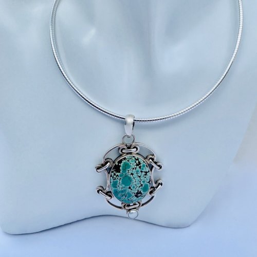 Handcrafted Silver Pendant / Oval Turquoise stone to centre.