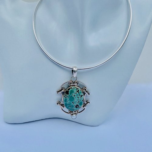 Handcrafted Silver Pendant / Oval Turquoise stone to centre.