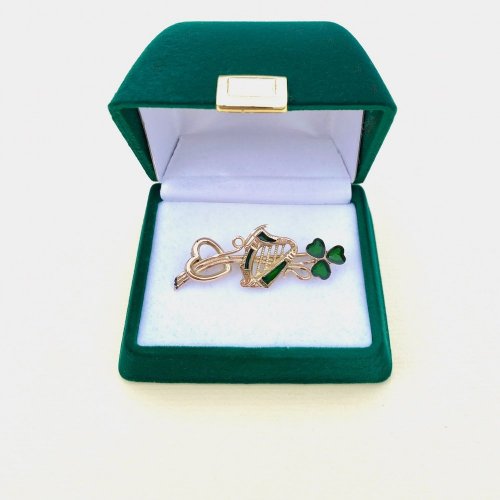 9ct. Gold Irish Brooch set with Harp, Shamrock and Heart.  SOLD.