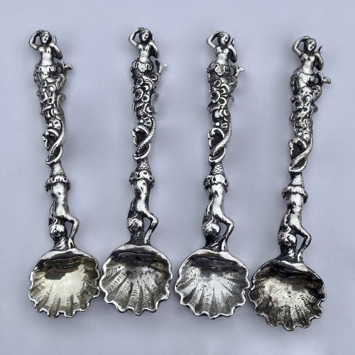 Victorian silver mermaid salt spoons 1844 - 1850.