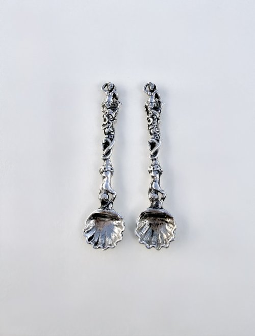 Pair Irish Victorian Silver Mermaid Salt Spoons Circa 1850.  