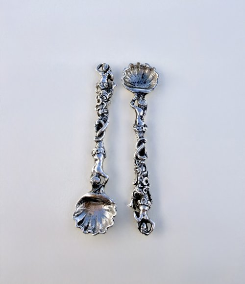 Pair Irish Victorian Silver Mermaid Salt Spoons Circa 1850.  