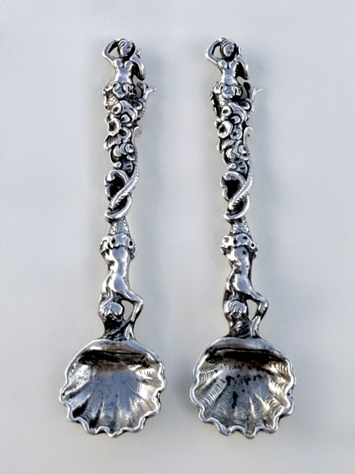 Pair Irish Victorian Silver Mermaid Salt Spoons Circa 1850.  