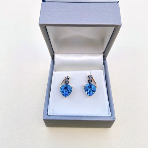 9ct. Gold Blue Heart Shaped Topaz &amp; Blue Diamond Earrings.