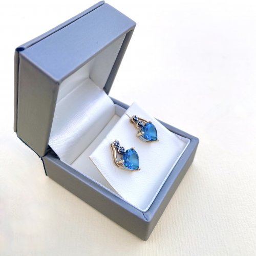 9ct. Gold Blue Heart Shaped Topaz &amp; Blue Diamond Earrings.