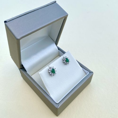 9ct. White Gold Emerald &amp; Diamond Stud Earrings.