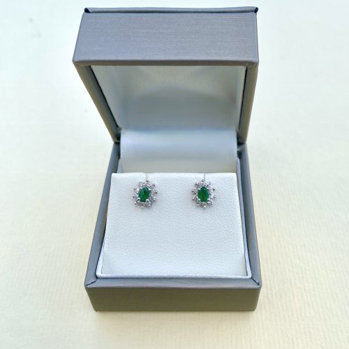 9ct. White Gold Emerald &amp; Diamond Stud Earrings.