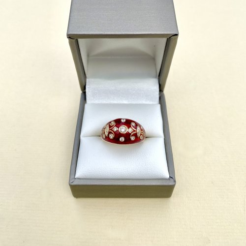 14ct. Gold Diamond &amp; Red Enamel Ring.