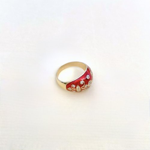 14ct. Gold Diamond &amp; Red Enamel Bombé Ring.