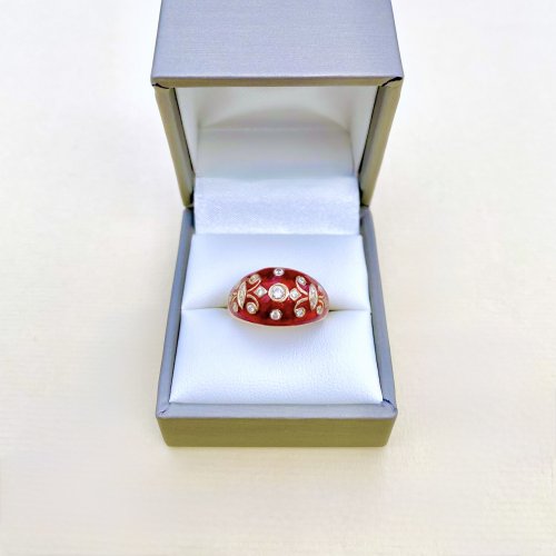 14ct. Gold Diamond & Red Enamel Bombé Ring.