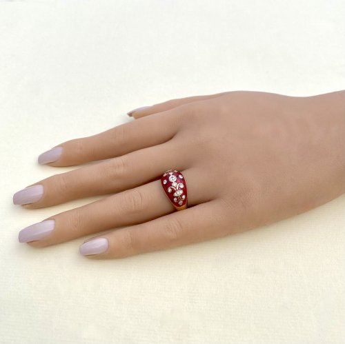 14ct. Gold Diamond &amp; Red Enamel Ring.