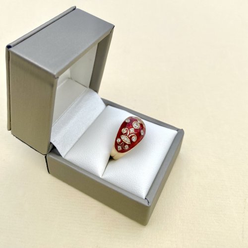 14ct. Gold Diamond &amp; Red Enamel Ring.