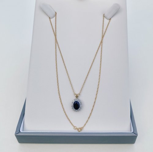 9ct. Gold Sapphire &amp; Diamond Pendant with Chain. NEW STOCK.