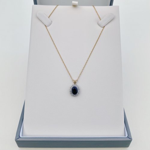 9ct. Gold Sapphire &amp; Diamond Pendant with Chain. NEW STOCK.