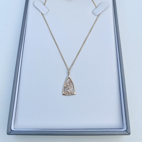 9ct. Gold St. Christopher Triangular Pendant on Chain.  NEW STOCK.