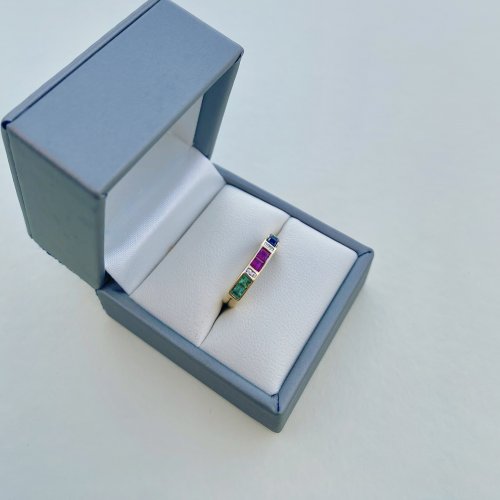 14ct. Gold Diamond, Ruby, Emerald &amp; Sapphire Half Eternity Style Ring. NEW STOCK.