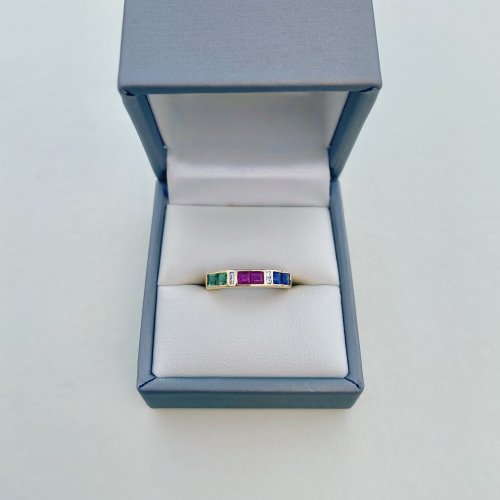 14ct. Gold Diamond, Ruby, Emerald &amp; Sapphire Half Eternity Style Ring. NEW STOCK.