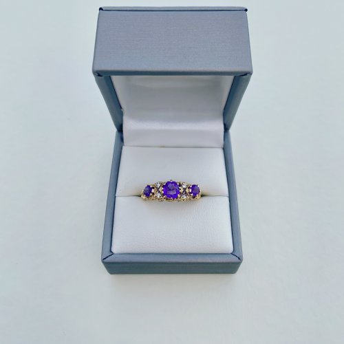 9ct. Gold 3-Stone Amethyst &amp; Diamond Ring. NEW STOCK.