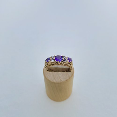 9ct. Gold 3-Stone Amethyst &amp; Diamond Ring. NEW STOCK.