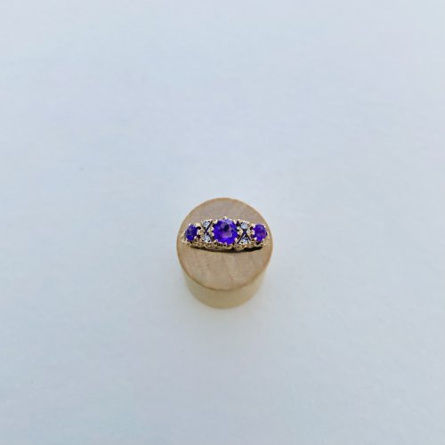 9ct. Gold 3-Stone Amethyst &amp; Diamond Ring. NEW STOCK.