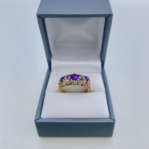 9ct. Gold 3-Stone Amethyst &amp; Diamond Ring. NEW STOCK.