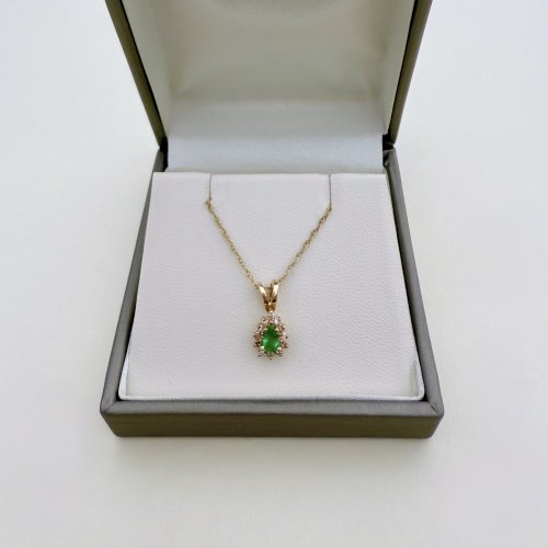 Hallmarked 9ct. Gold Emerald &amp; Diamond Pendant on Chain. NEW STOCK.