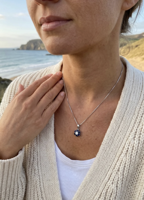 18ct. White Gold Sapphire &amp; Diamond Floral Design Pendant. 