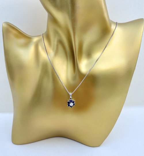 18ct. White Gold Sapphire &amp; Diamond Floral Design Pendant. NEW STOCK.
