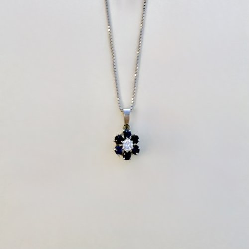 18ct. White Gold Sapphire &amp; Diamond Floral Design Pendant. NEW STOCK.