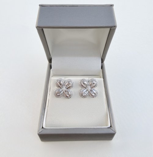 9ct. White Gold Floral Design Diamond Earrings. NEW STOCK.