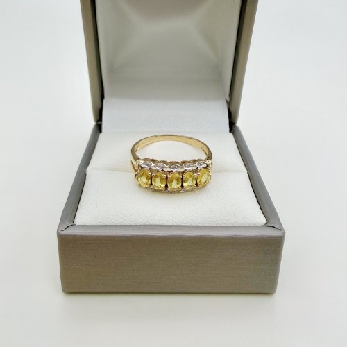9ct. Gold 5-Stone Yellow Sapphire &amp; Diamond Ring. NEW STOCK.