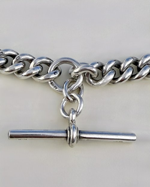Antique Silver Double Albert Chain with T-Bar. NEW STOCK.